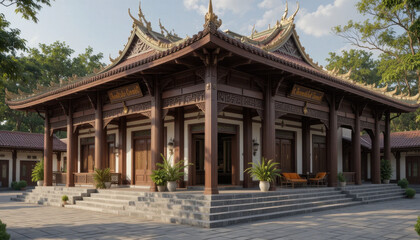 Naklejka premium Traditional Asian architectural building with ornate wooden carvings and curved roof, surrounded by lush greenery and stone pathway, exudes serene and cultural ambiance