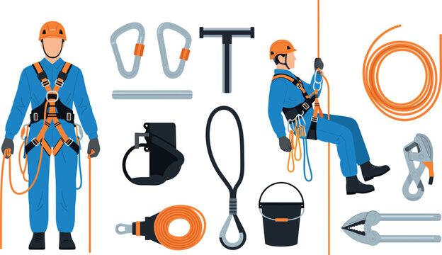 Industrial climbing and safety equipment collection featuring workers in harnesses ropes carabiners and protective gear for height work vector