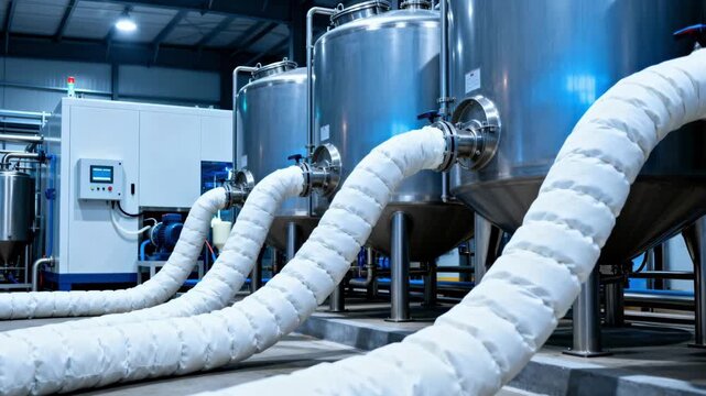 Medium shot focusing on bulk cream storage tanks with insulated conduits leading to processing equipment emphasizing dairy cold chain management.