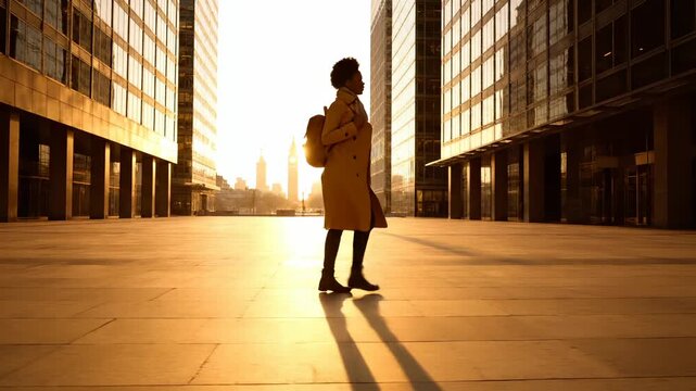 Walker silhouette in coat carrying bag crosses building plaza under sun. Long shadow follows stride while walking across open urban plaza. Motion and movement indicate transit and journey across city.
