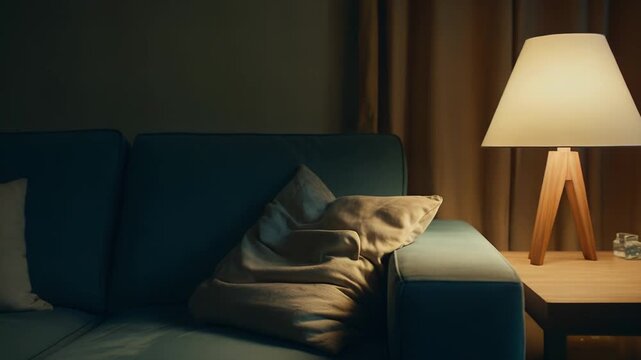 Living room sofa inviting relaxation, illuminated by a modern bedside lamp on a wooden table, creating a warm, comfortable, and tranquil home interior atmosphere during the evening