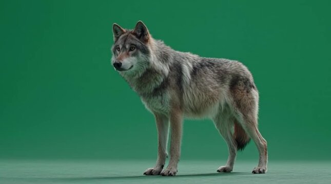 A majestic gray wolf stands alertly on a green screen backdrop, showcasing its wild beauty and powerful presence