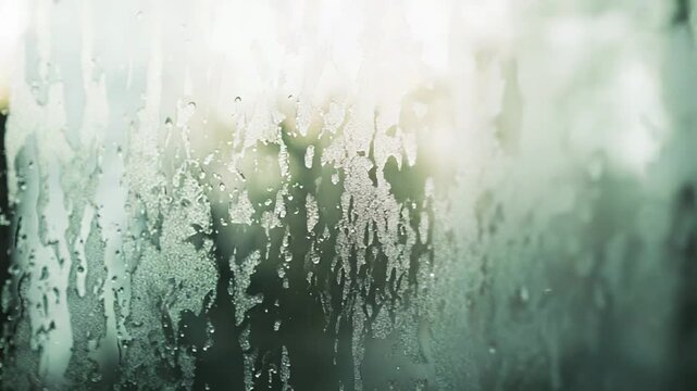 Glass window surface displaying intricate patterns of condensed water droplets and streaks, creating a blurred and atmospheric background ideal for themes of humidity, freshness, and cleanliness