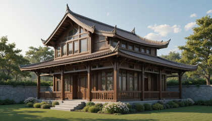 Obraz premium Traditional wooden Asian style house with intricate roof design and large windows is surrounded by lush garden and stone wall, creating serene and peaceful atmosphere