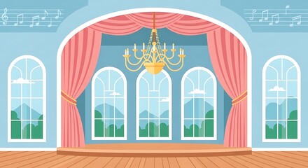 Fototapeta premium Elegant Ballroom Interior with Stage Pink Curtains and Chandelier.