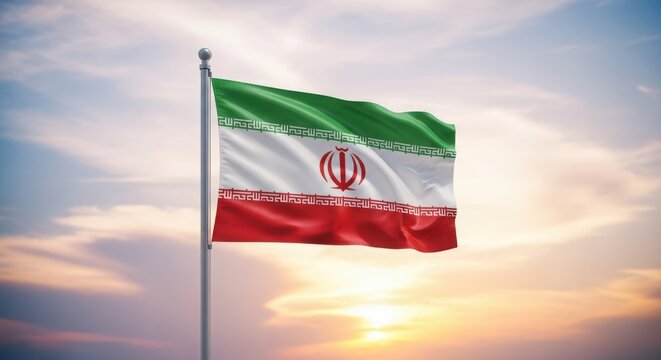 The iranian flag fluttering in the sunset sky