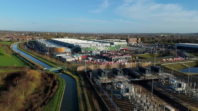 Aerial View of Google Data Centre in Waltham Cross UK, New Build AI and Cloud Services Infrastructure, State-of-the-Art Computing Facility in 4K