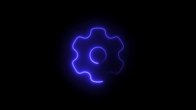 Abstract blue color neon gear settings icon on dark background. 4k graphics footage.