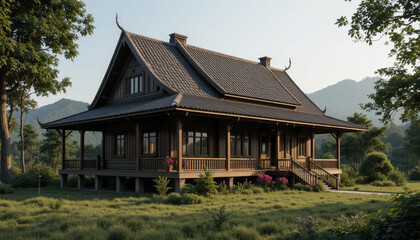 Fototapeta premium Traditional wooden house with steep roof and ornate details stands in lush, green landscape surrounded by trees and mountains, evoking sense of tranquility and harmony with nature
