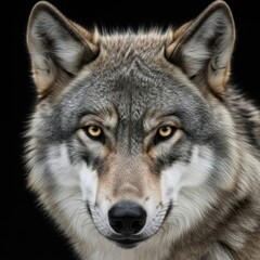 Obraz premium A close-up portrait of a wolf with intense yellow eyes, set against a black background.