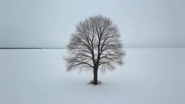 A lone, leafless tree stands in a vast, snow-covered field on a gray, overcast day with a distant horizon line