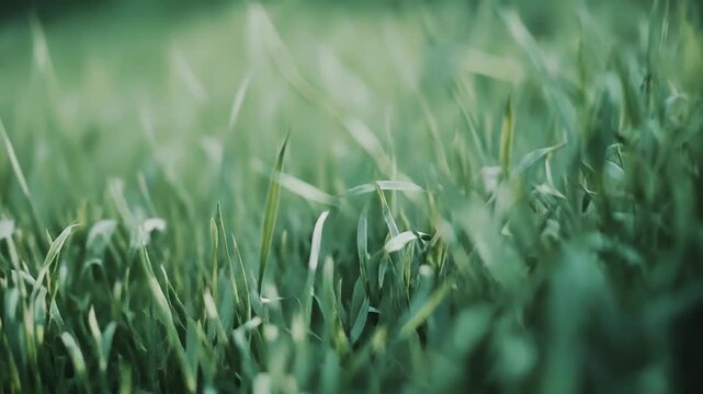 Close up view showing vibrant green grass blades thriving in a natural field, representing concepts of growth, environment, freshness, and organic tranquility