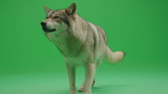 A majestic gray wolf with thick, natural fur walks gracefully on a bright, isolated background, displaying its wild beauty and powerful presence in a studio setting for versatile usage