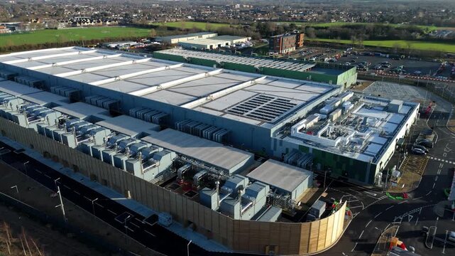 Overhead Perspective of a State of the Art Data Center Facility with Advanced Thermal Management and Backup Power Systems in the UK