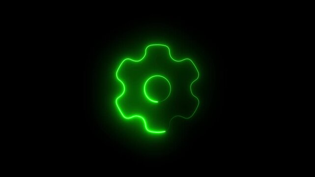 Abstract green color neon gear settings icon on dark background. 4k graphics footage.