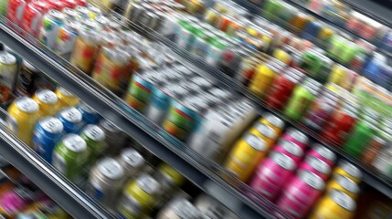 Blurred view of colorful drink bottles in supermarket fridge