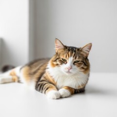 A relaxed cat lying on a white surface with a neutral background.