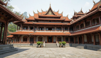 Obraz premium Traditional Asian temple with intricate wooden architecture and red tiled roofs stands majestically under clear sky. courtyard is spacious, with potted plants adding touch of greenery