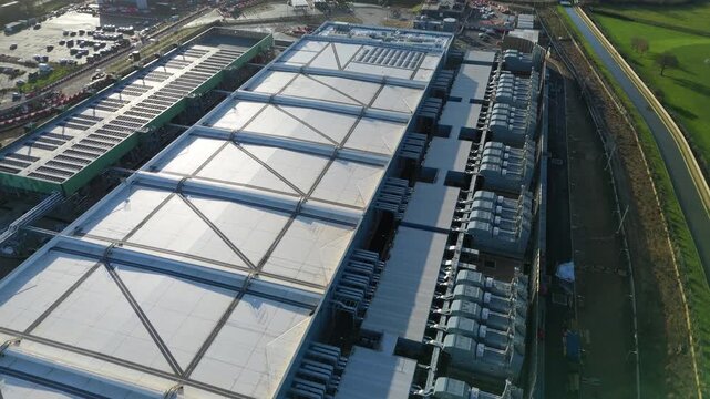 Cinematic Drone Footage Overlooking a Massive Cloud Computing Facility and Critical Technology Hub Near Waltham Cross in the London Region of England
