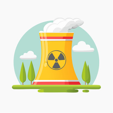 Illustration stylis&eacute;e de centrale nucl&eacute;aire avec symbole radioactif et vapeur