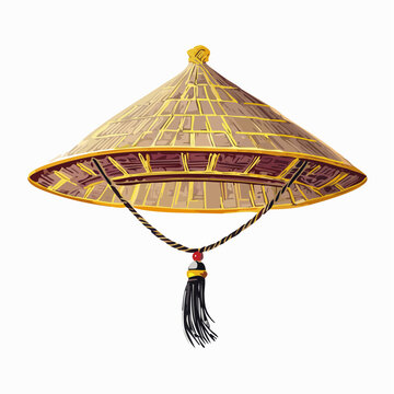 Illustration stylis&eacute;e d&rsquo;un chapeau asiatique traditionnel avec cordon d&eacute;coratif