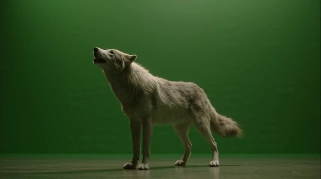 A majestic white wolf stands silhouetted against a vibrant green screen background, captured in a striking, full-body profile