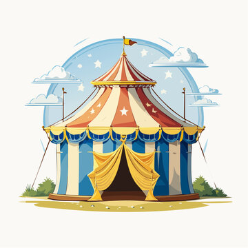 Illustration festive d&rsquo;un chapiteau de cirque rouge, blanc, bleu avec d&eacute;corations &eacute;toil&eacute;es