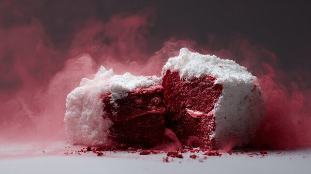 Half-eaten red velvet cake with powdered sugar explosion
