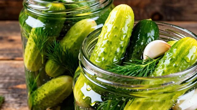 Medium shot of vibrant pickled cucumber spears being packed into jars with fresh dill and garlic cloves for a classic brine recipe highlighting natural ingredients and preparation.
