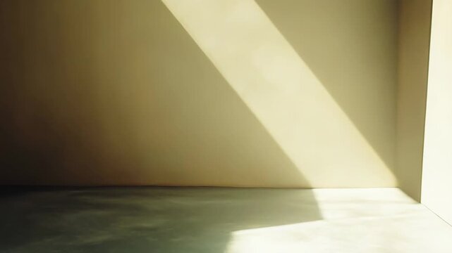 Minimalist interior with strong diagonal sunlight slicing across concrete floor and walls, creating warm geometric light and shadow patterns and clean blank space for layouts