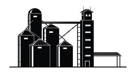A striking black and white illustration depicts a complex of grain silos and a small building presented as a silhouette © mrvect02