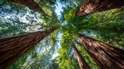 Fototapeta premium Towering Redwood Trees Reaching Towards the Sky in a Lush Forest Canopy