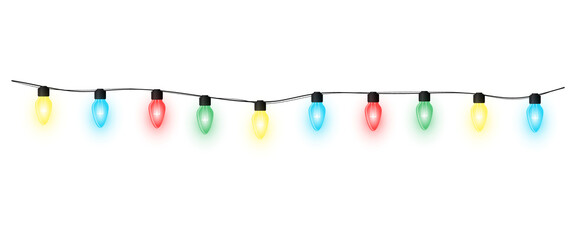 Realistic warm glowing string lights or christmas fairy light overlay with blue green red yellow colorful illumination for wedding festive event celebration and decoration on transparent background © Design Zone