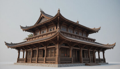 Fototapeta premium Traditional wooden Asian temple with intricate architectural details and curved roofs stands majestically against clear sky, evoking sense of tranquility and cultural heritage
