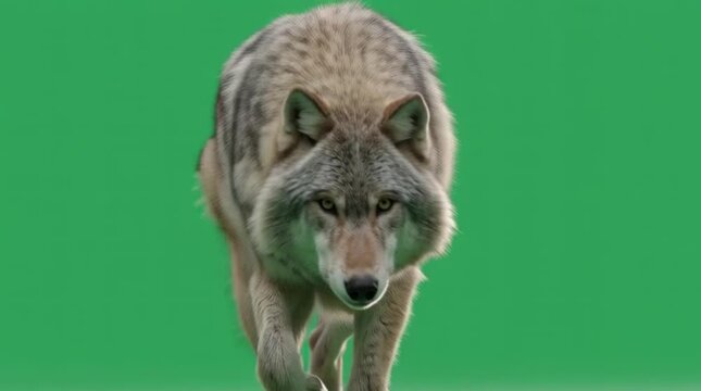 A gray wolf with a tan and brown coat walks forward against a green screen background