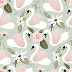 Cotton fabric Artistic Seamless Pattern with Watercolor Swans and Delicate Flowers on Sage Green Background Soft Pastel Bird Illustration for Textile and Nursery Decor