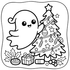 Naklejka premium A cheerful ghost decorates a Christmas tree surrounded by presents and festive ornaments, creating a playful holiday scene.