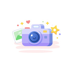 Cute Camera Illustration With Smiling Lens And Photo Elements. Photography Cartoon Icon Showing Happy Camera And Creative Memories