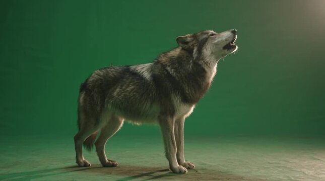 Majestic wolf howling on a vibrant green background, a powerful symbol of nature's wild spirit and untamed beauty