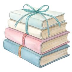 Stack of pastel colored books tied with blue ribbon on transparent background illustration