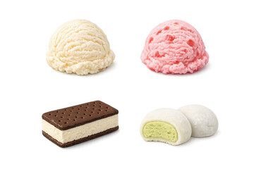 Fototapeta premium A collection of four frozen treats including vanilla and strawberry ice cream scoops, a classic ice cream sandwich, and green tea mochi on transparent.