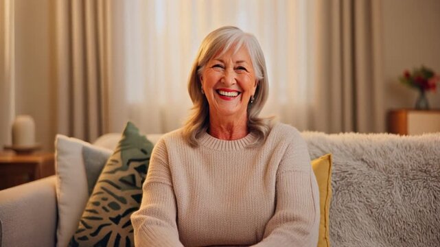 A smiling senior woman sitting on a couch with colorful pillows in a cozy living room with warm lighting