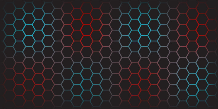 Abstract dark hexagon pattern on red neon background technology style. Modern futuristic geometric shape web banner design. You can use for cover template, poster, flyer, print ad. Vector illustration