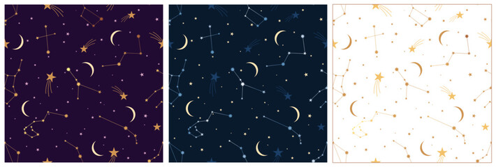 Set of seamless pattern with zodiac constellation. Vector illustration