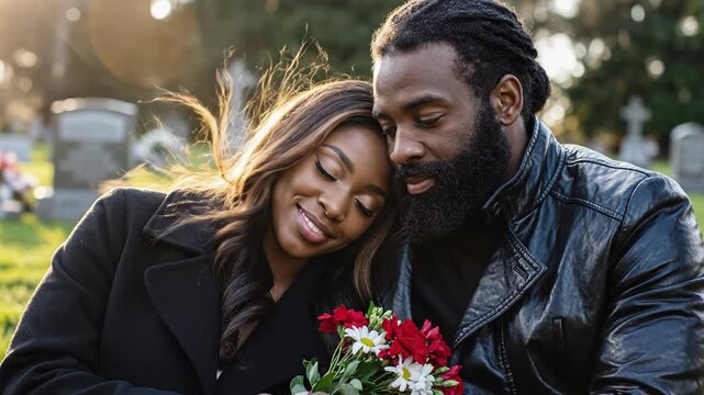 Couple visiting a cemetery together with flowers in hand