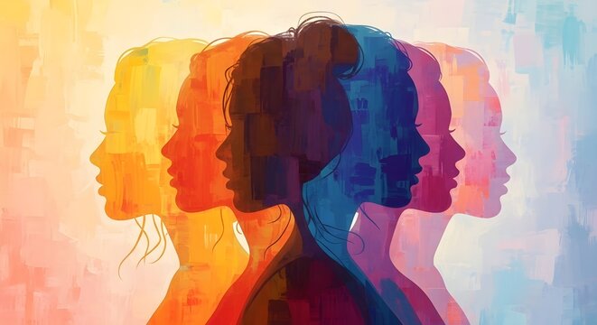 Multi colored silhouette of multiple faces in profile