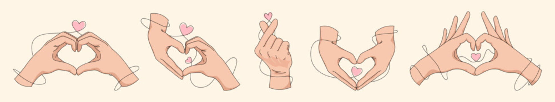 Set of hands making heart shape love gesture. Vector illustration