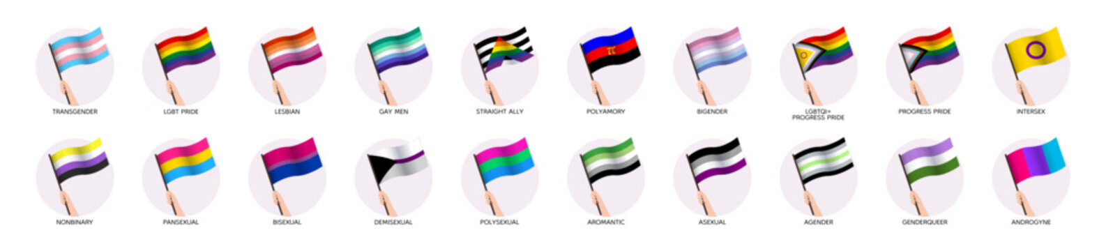 Set of hands holding LGBTQI+ pride waving flags. Support vector illustration