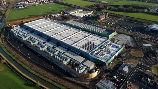 Advanced Cooling Systems on Waltham Cross state of the art Data Center Roof, Aerial View of New AI Infrastructure and Sustainable Computing Hub in United Kingdom