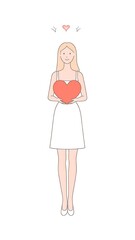 A slender, fair-haired woman with a gentle smile and simple white dress holds a large, red heart. A small, pink heart floats above